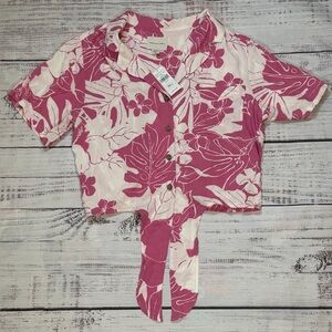 NEW American Eagle Pink Hawaiian Tropical Tie Front Button Up Shirt Size M